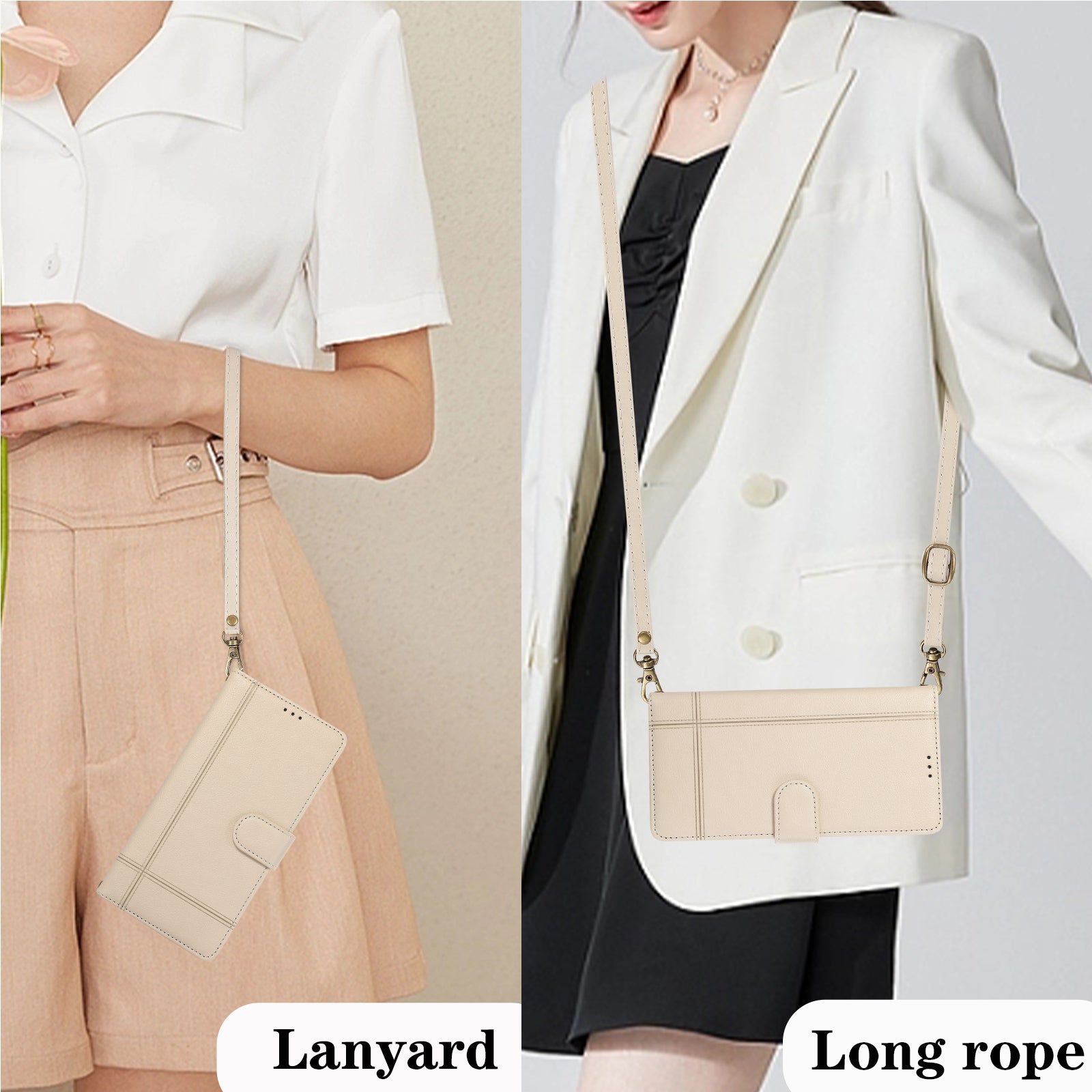 For Samsung Galaxy S24+ Case PU Leather Wallet Built-in Acrylic Mirror Phone Cover with 2 Straps - Beige For Samsung Galaxy S24+ Case PU Leather Wallet Built-in Acrylic Mirror Phone Cover with 2 Straps - Beige