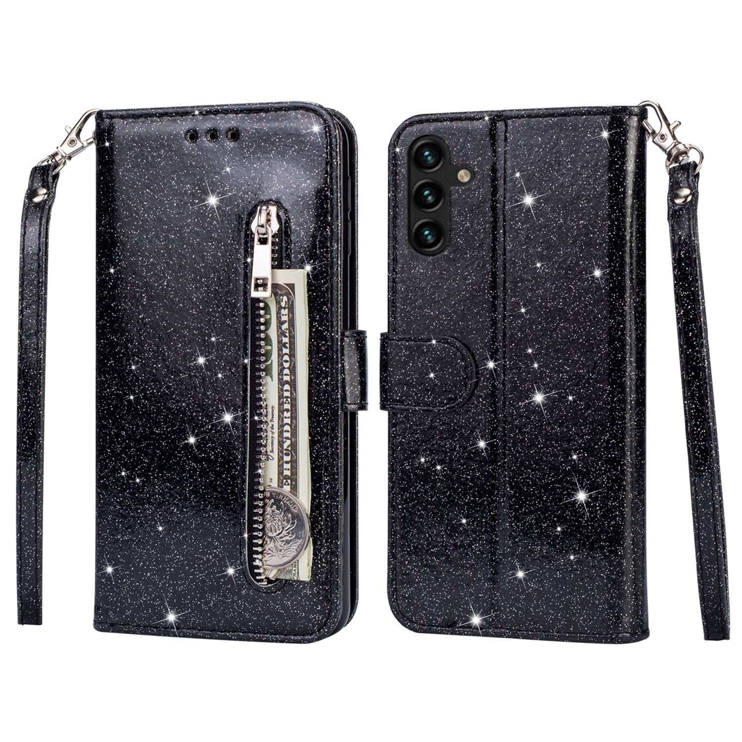 For Samsung Galaxy A55 5G Cell Phone Case Zipper Pocket Wallet Glitter Leather Drop-proof Cover - Silver For Samsung Galaxy A55 5G Cell Phone Case Zipper Pocket Wallet Glitter Leather Drop-proof Cover - Silver