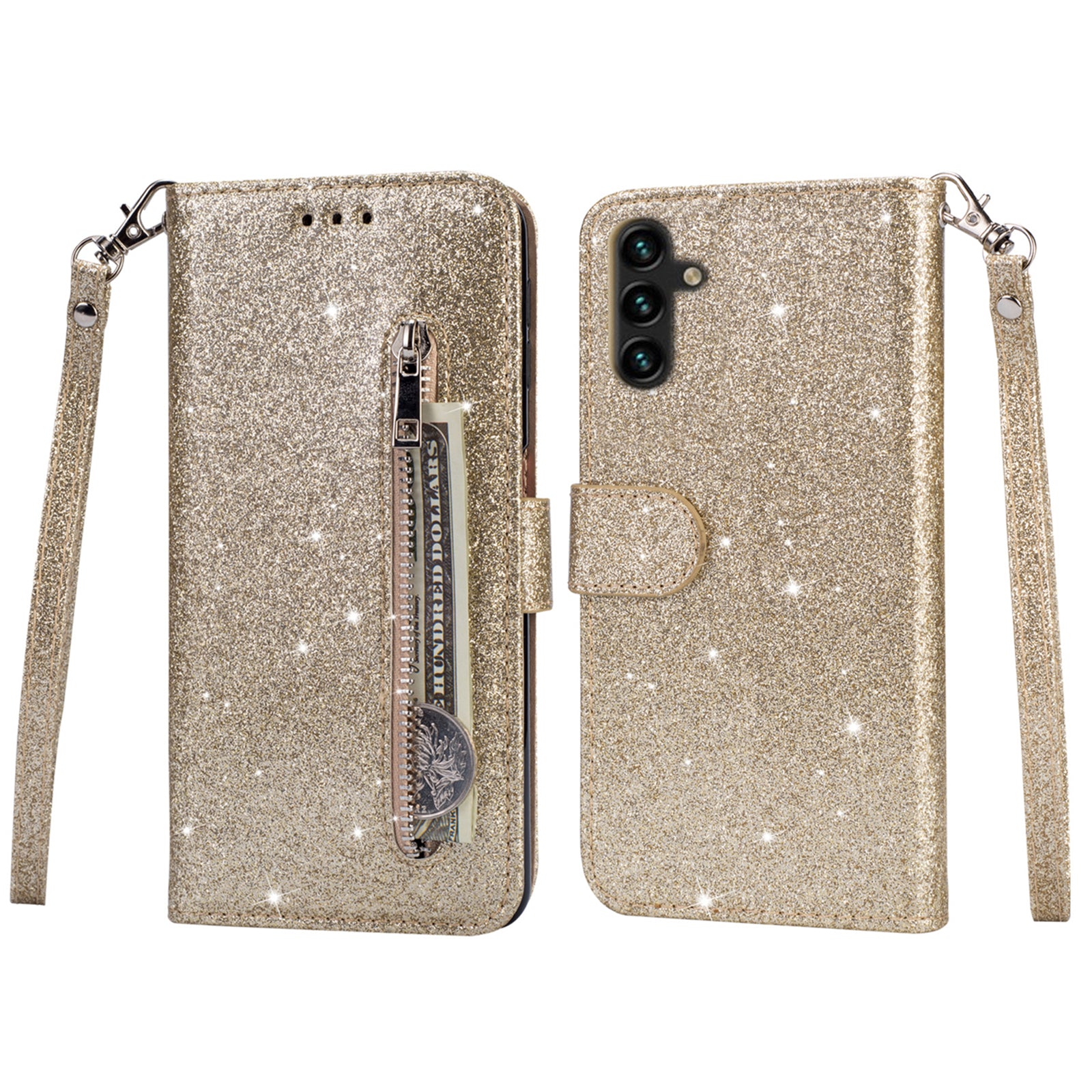 For Samsung Galaxy A55 5G Cell Phone Case Zipper Pocket Wallet Glitter Leather Drop-proof Cover - Silver For Samsung Galaxy A55 5G Cell Phone Case Zipper Pocket Wallet Glitter Leather Drop-proof Cover - Silver