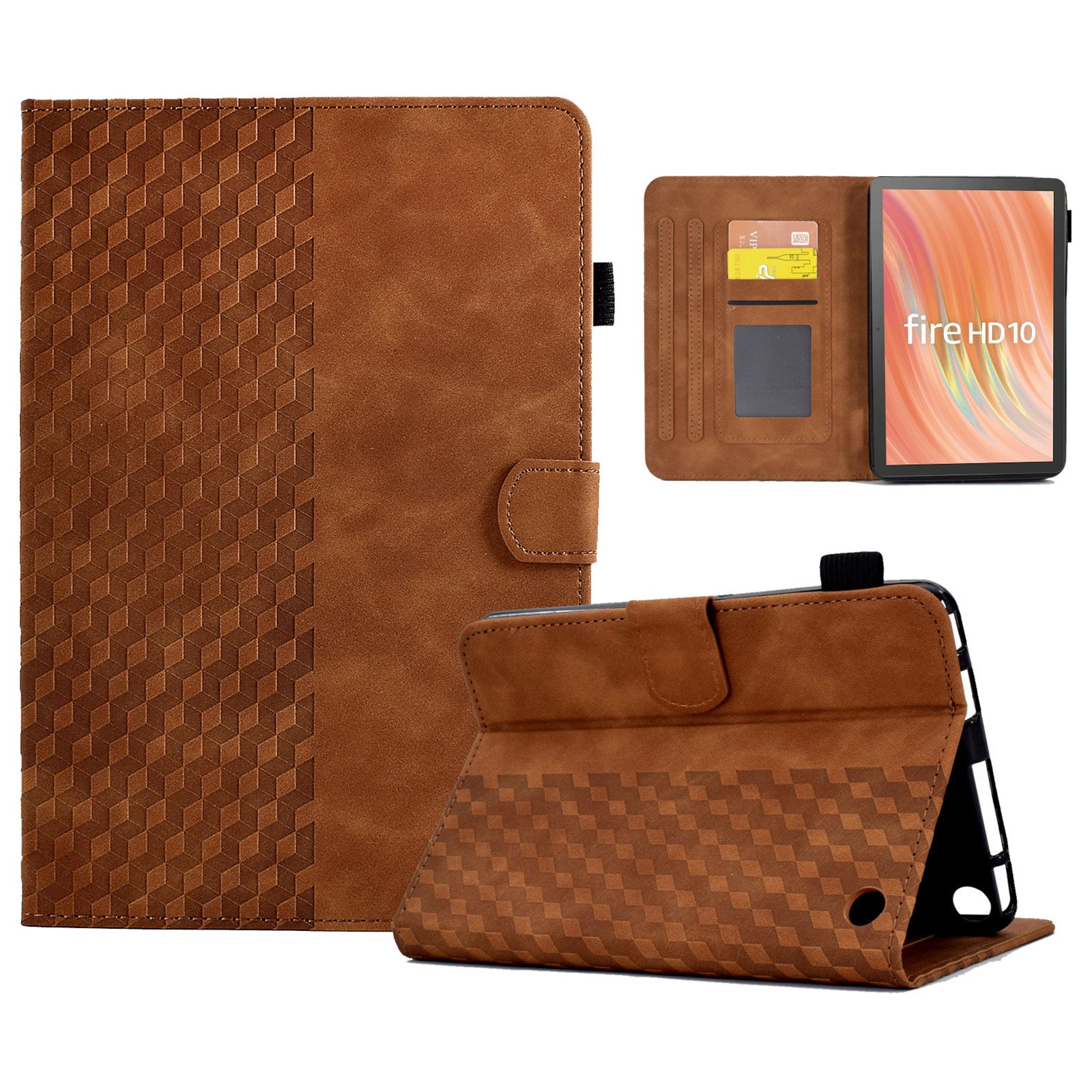 A6 For Amazon Fire HD 10 (2023) Leather Case Block Pattern Imprinted Card Slots Tablet Cover A6 For Amazon Fire HD 10 (2023) Leather Case Block Pattern Imprinted Card Slots Tablet Cover