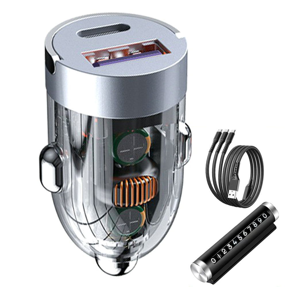 G20T 12-24V 120W USB+Type-C Fast Charging Car Charger with 100W 3-in-1 Cable and Phone Number Plate G20T 12-24V 120W USB+Type-C Fast Charging Car Charger with 100W 3-in-1 Cable and Phone Number Plate