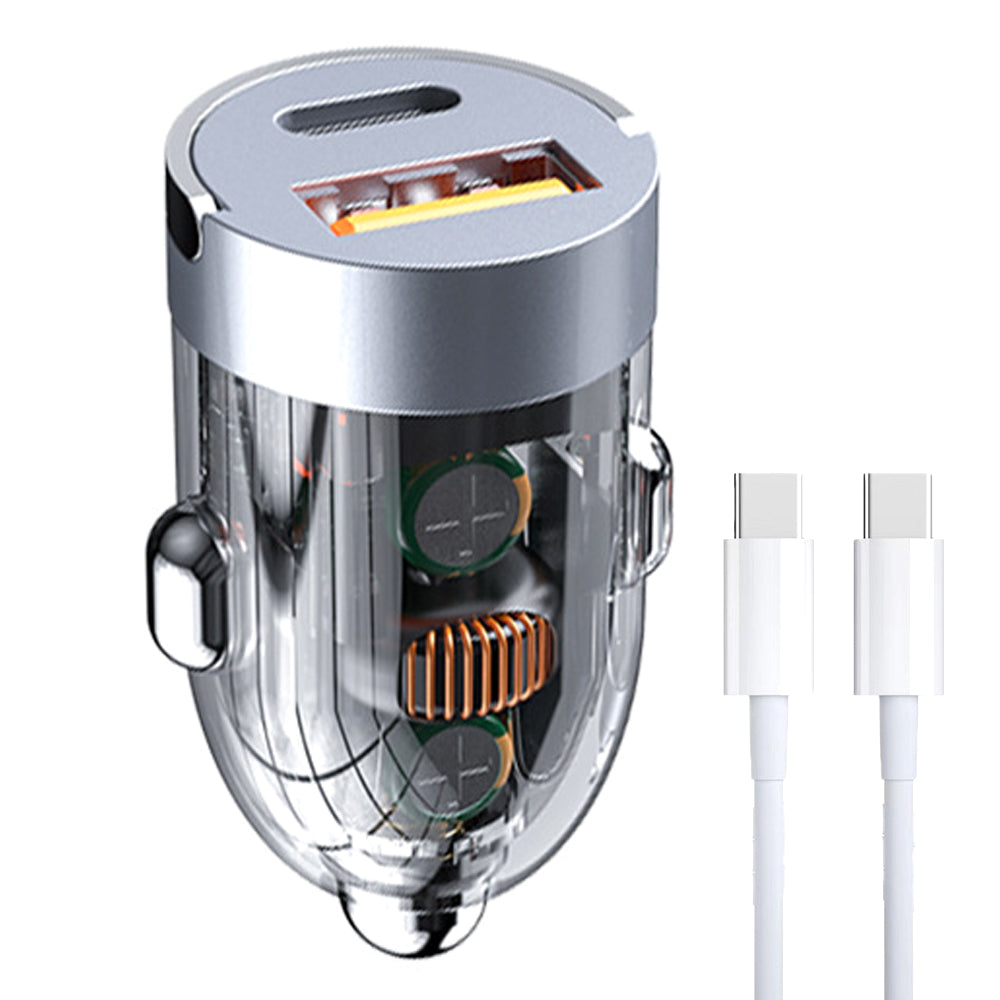 G20T 12-24V 120W USB+Type-C Fast Charging Adapter Transparent Car Charger with Type-C to Type-C Cable G20T 12-24V 120W USB+Type-C Fast Charging Adapter Transparent Car Charger with Type-C to Type-C Cable