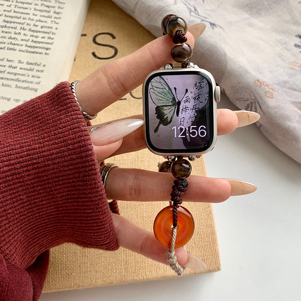 For Apple Watch Series 9 8 7 41mm / 6 5 4 SE (2023) SE (2022) SE 40mm / 3 2 1 38mm Band Peace Jade Beads Watch Strap - Brown For Apple Watch Series 9 8 7 41mm / 6 5 4 SE (2023) SE (2022) SE 40mm / 3 2 1 38mm Band Peace Jade Beads Watch Strap - Brown