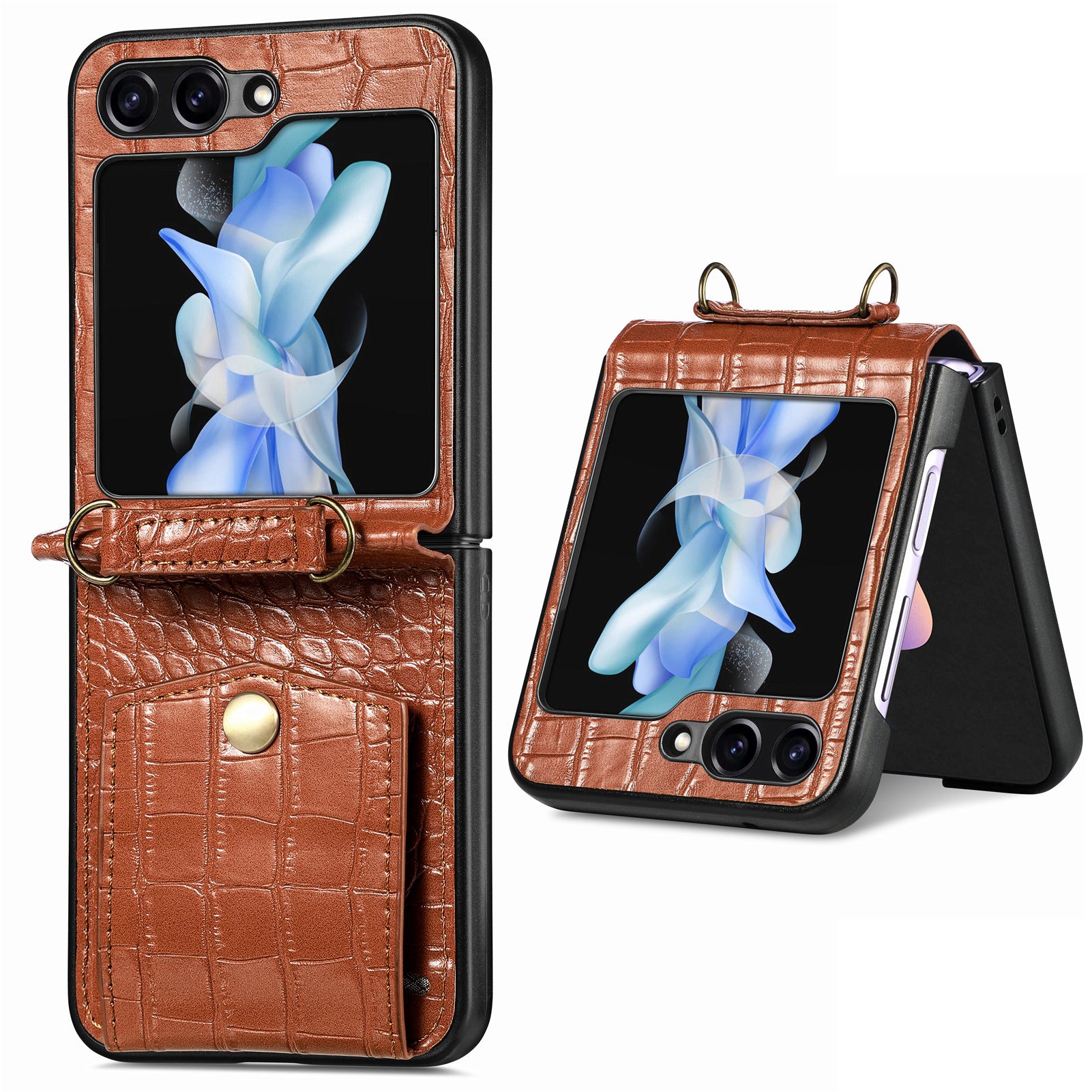 For Samsung Galaxy Z Flip5 5G Leather PC Crocodile Texture Phone Case Card Slots Kickstand RFID Blocking Cover with Shoulder Strap For Samsung Galaxy Z Flip5 5G Leather PC Crocodile Texture Phone Case Card Slots Kickstand RFID Blocking Cover with Shoulder Strap