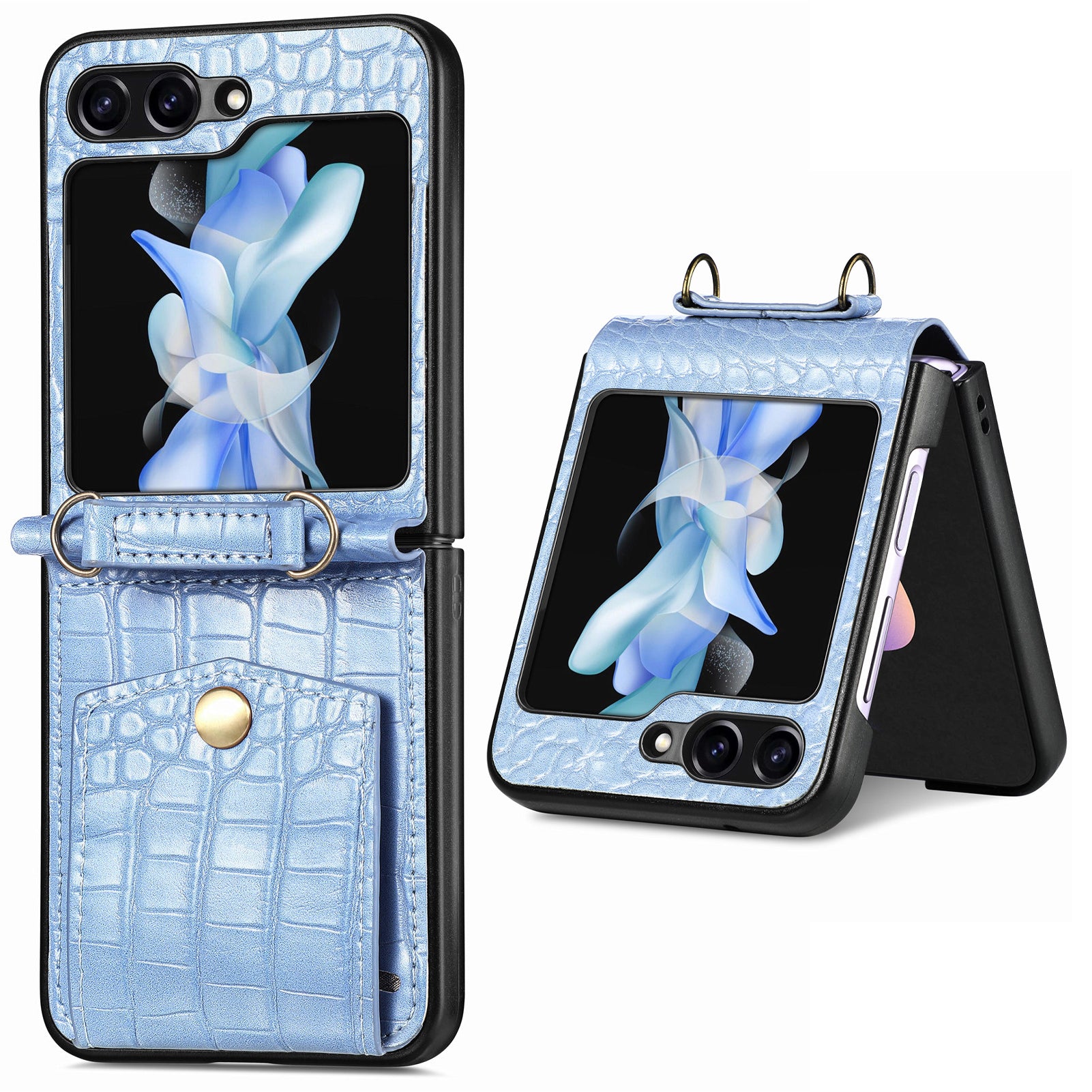 For Samsung Galaxy Z Flip5 5G Leather PC Crocodile Texture Phone Case Card Slots Kickstand RFID Blocking Cover with Shoulder Strap For Samsung Galaxy Z Flip5 5G Leather PC Crocodile Texture Phone Case Card Slots Kickstand RFID Blocking Cover with Shoulder Strap