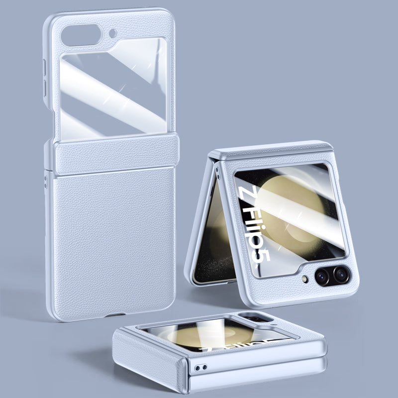 For Samsung Galaxy Z Flip5 5G PU Leather Coated PC Phone Case Hinge Protection Skin-touch Cover with Rear Screen Protector For Samsung Galaxy Z Flip5 5G PU Leather Coated PC Phone Case Hinge Protection Skin-touch Cover with Rear Screen Protector