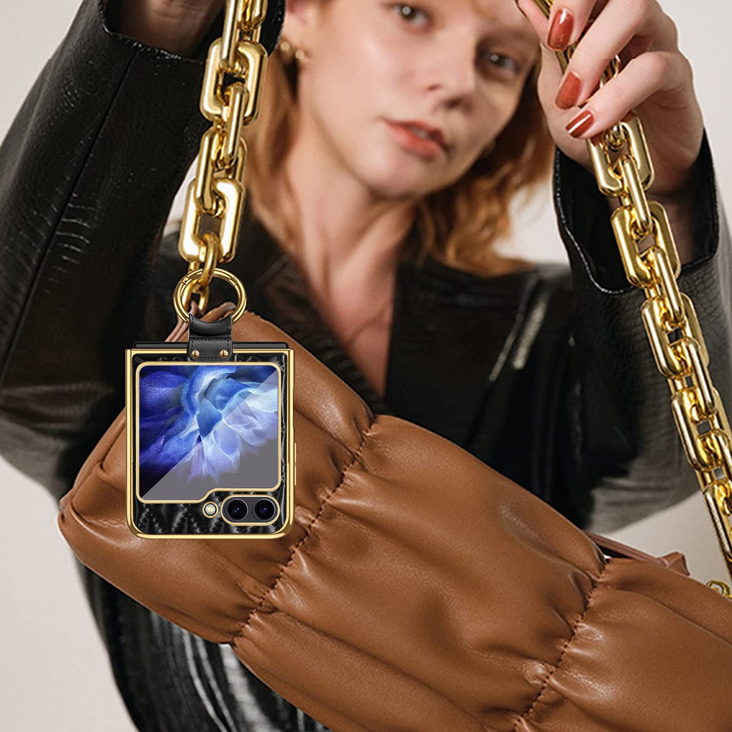 For Samsung Galaxy Z Flip5 5G PU Leather Coated PC Phone Case Ring Kickstand Cover with Tempered Glass Film For Samsung Galaxy Z Flip5 5G PU Leather Coated PC Phone Case Ring Kickstand Cover with Tempered Glass Film