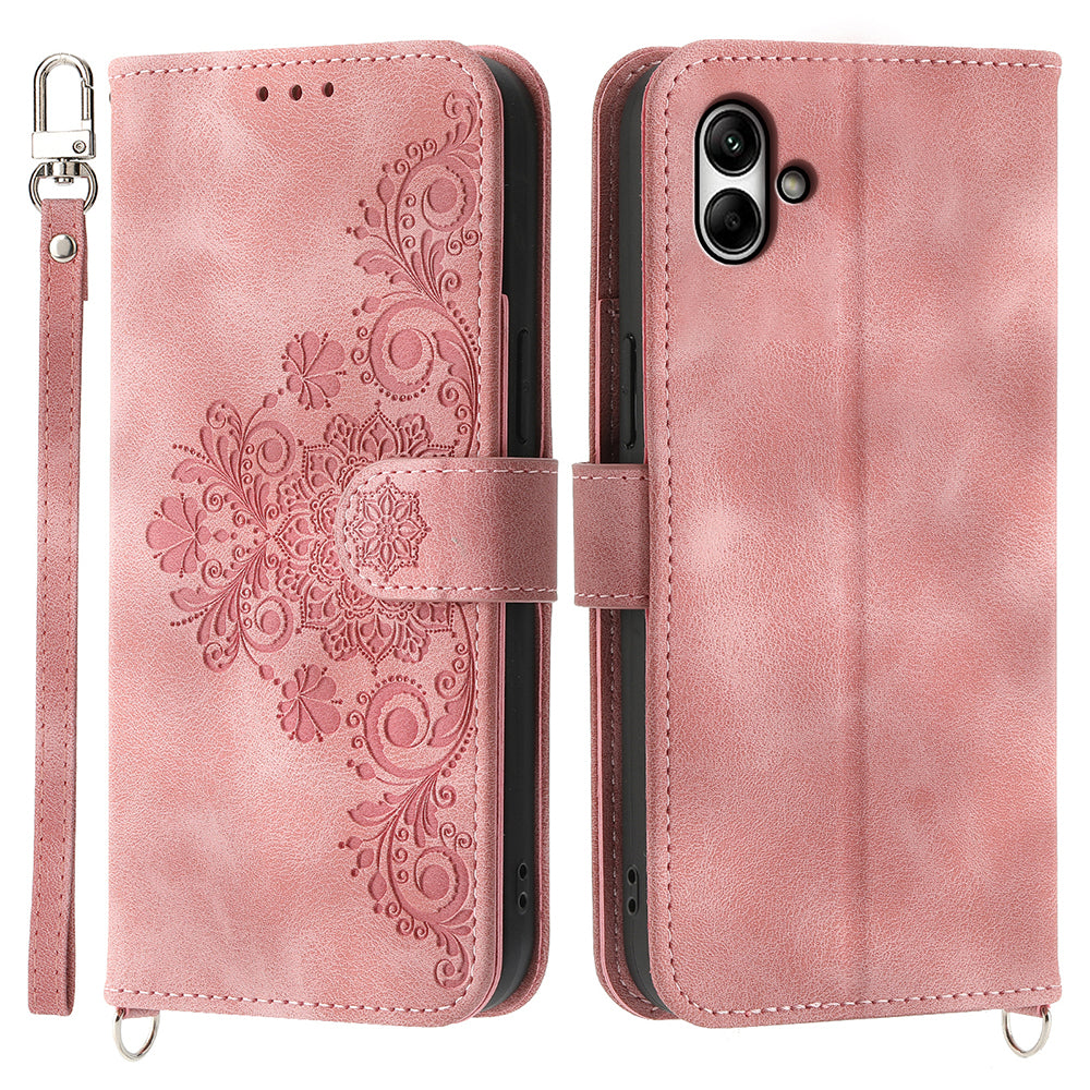 For Samsung Galaxy A05 4G Case PU Leather Flower Imprinted Phone Cover with 2 Straps For Samsung Galaxy A05 4G Case PU Leather Flower Imprinted Phone Cover with 2 Straps