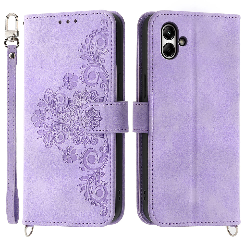 For Samsung Galaxy A05 4G Case PU Leather Flower Imprinted Phone Cover with 2 Straps For Samsung Galaxy A05 4G Case PU Leather Flower Imprinted Phone Cover with 2 Straps