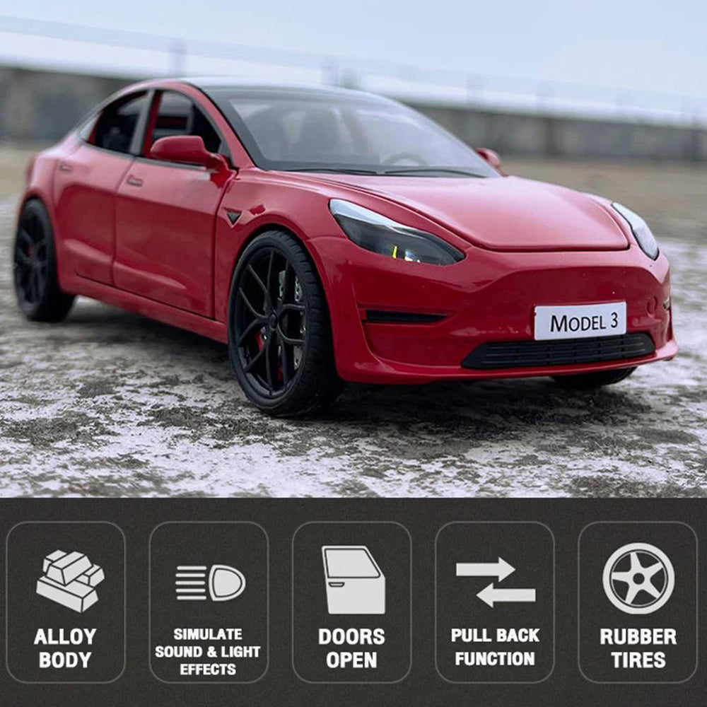 1:24 Tesla Model 3 Alloy Pull Back Car Model Sound Light Boy Toy Car
