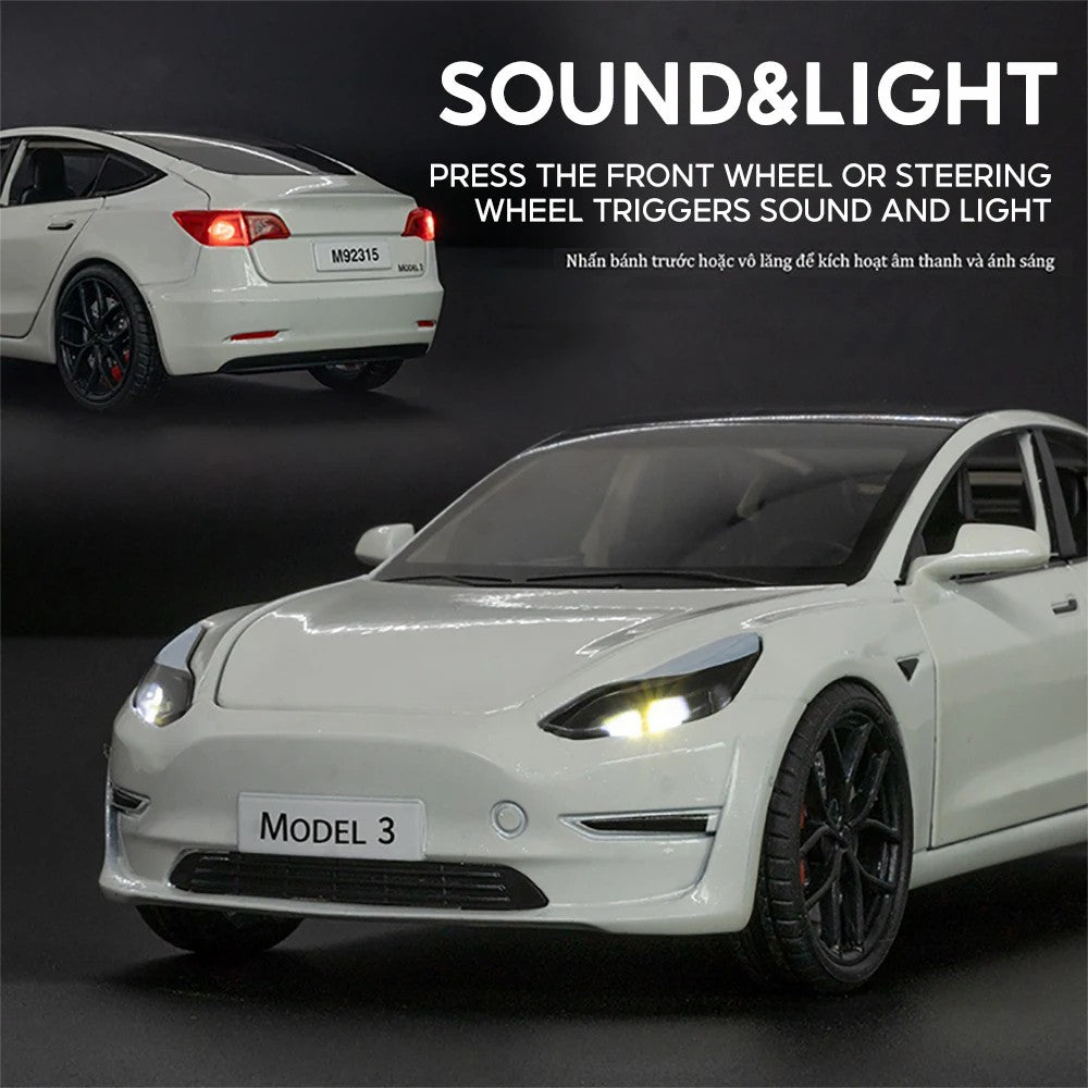 1:24 Tesla Model 3 Alloy Pull Back Car Model Sound Light Boy Toy Car