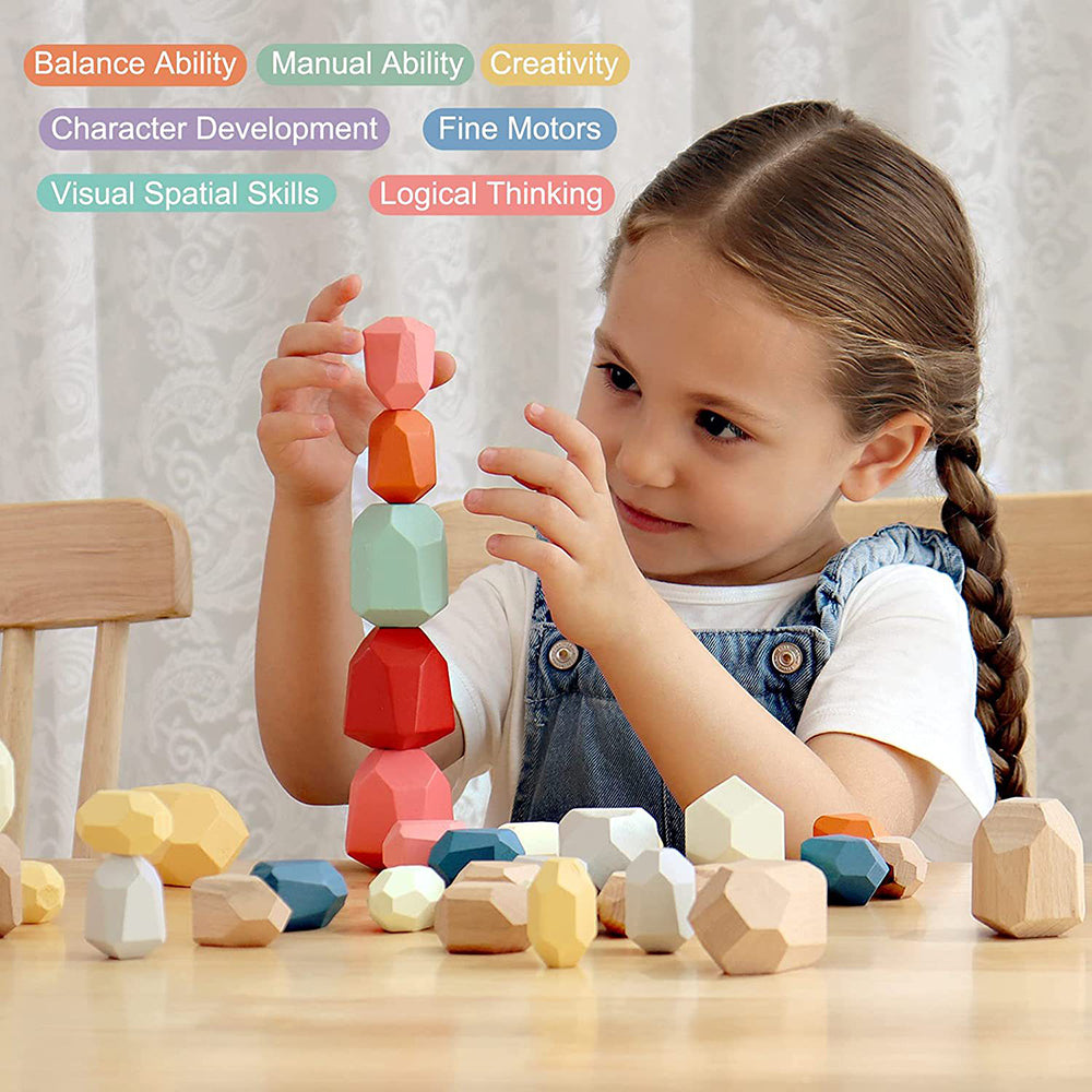 czsbte-34 36Pcs Wooden Stack Rocks Stones Montessori Toy Building Blocks Game for Children