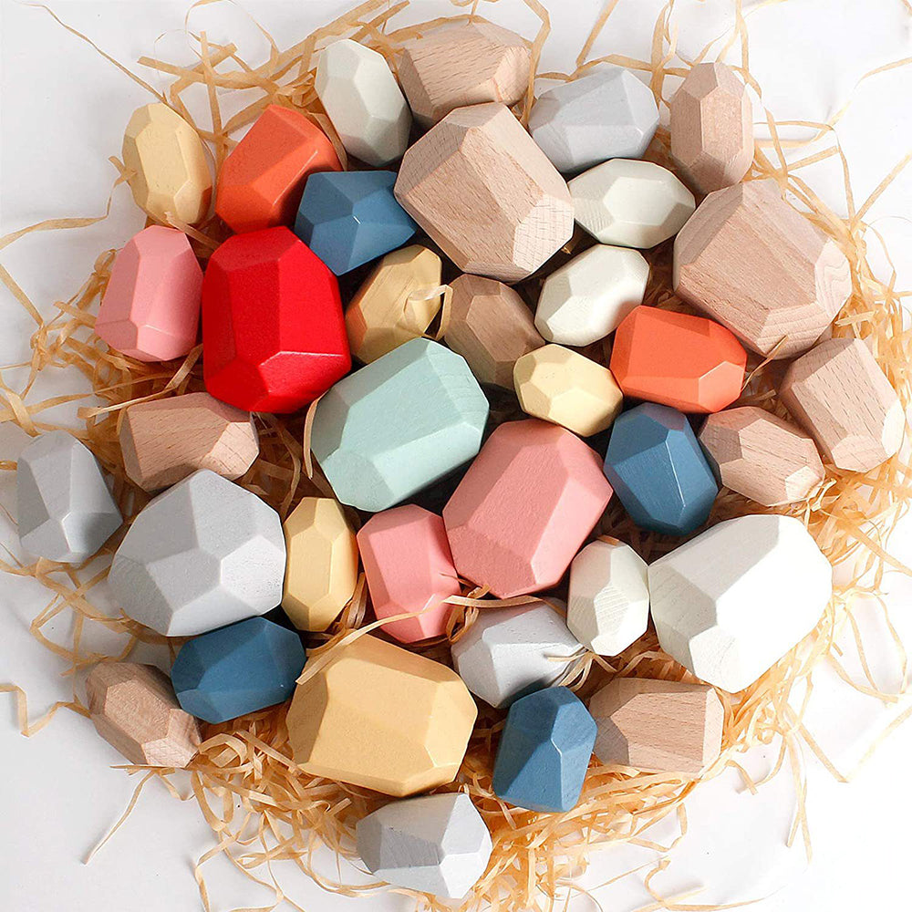 czsbte-34 36Pcs Wooden Stack Rocks Stones Montessori Toy Building Blocks Game for Children