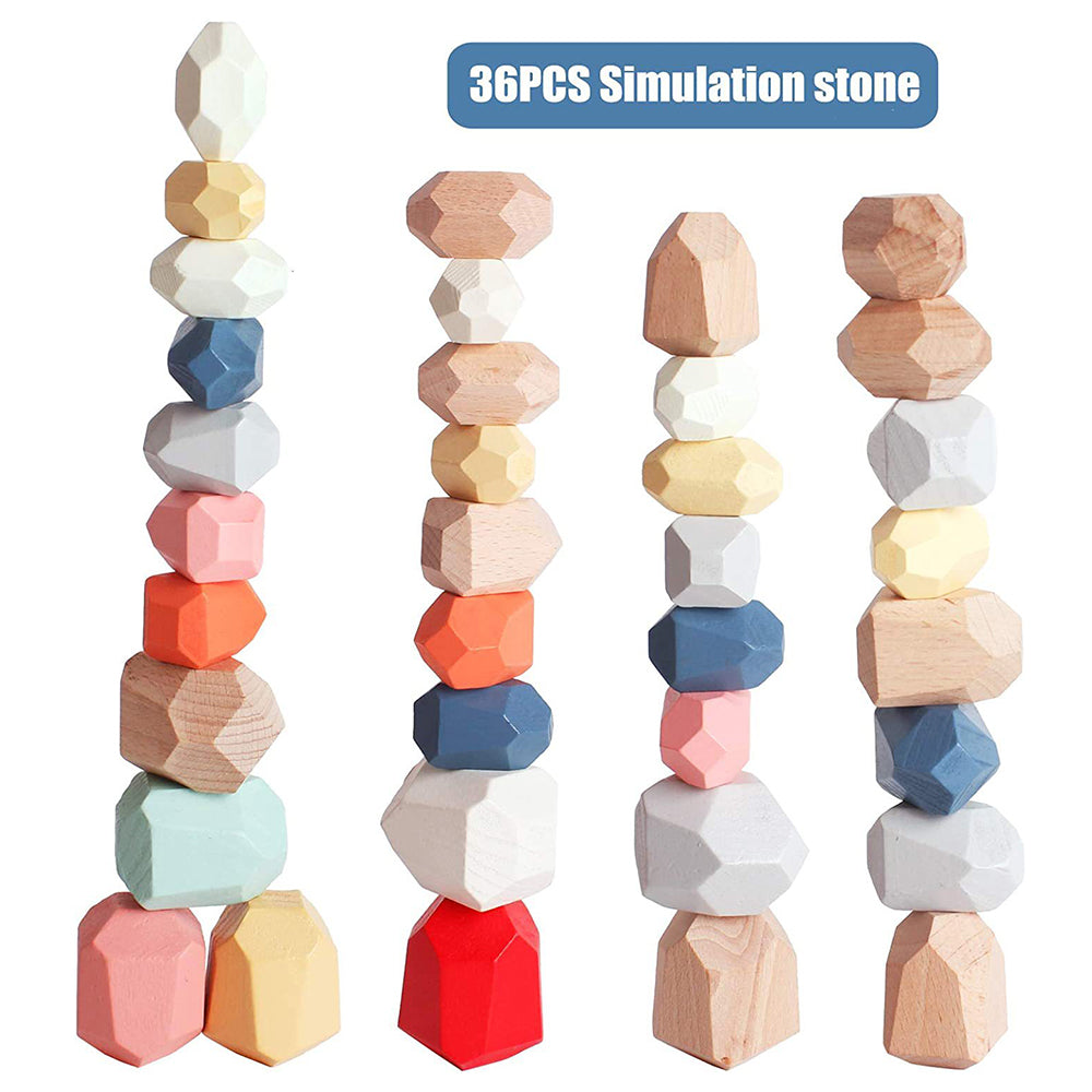 czsbte-34 36Pcs Wooden Stack Rocks Stones Montessori Toy Building Blocks Game for Children