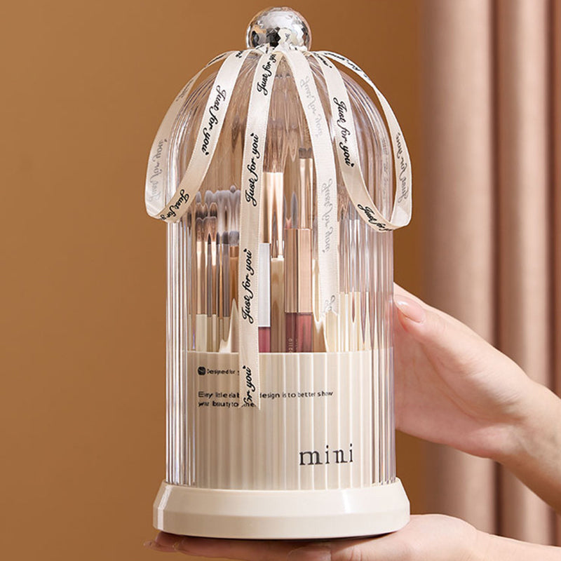 Makeup Brush Storage Bucket Rotatable Dressing Table Cosmetics Storage Rack with Lid - Beige