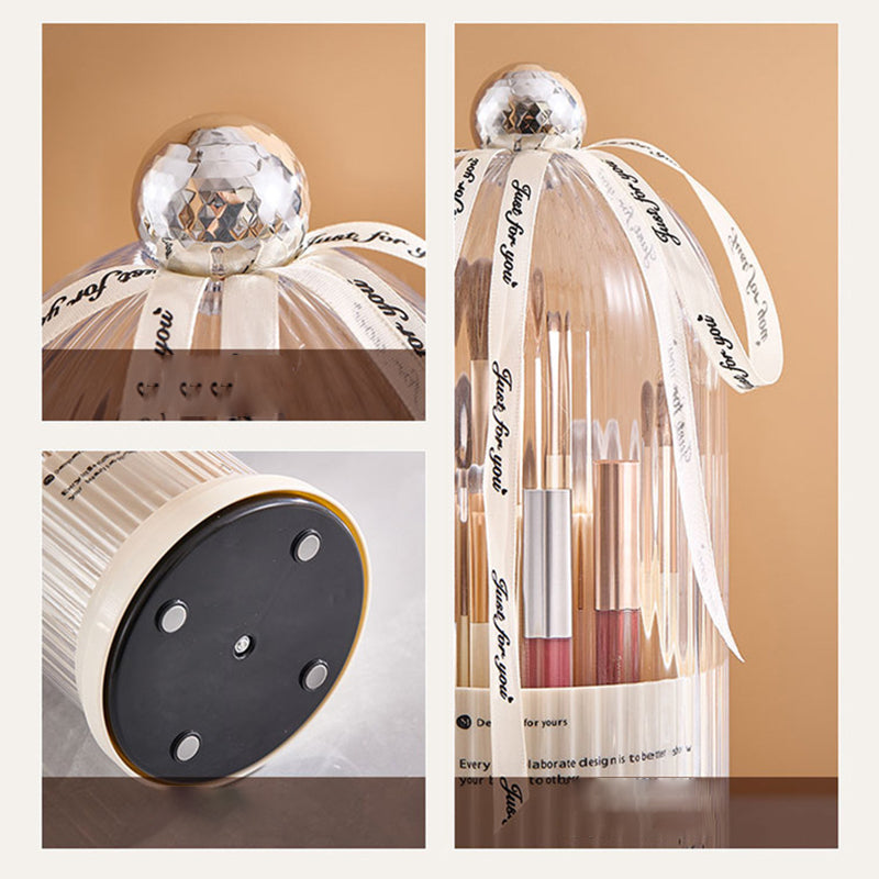 Makeup Brush Storage Bucket Rotatable Dressing Table Cosmetics Storage Rack with Lid - Beige