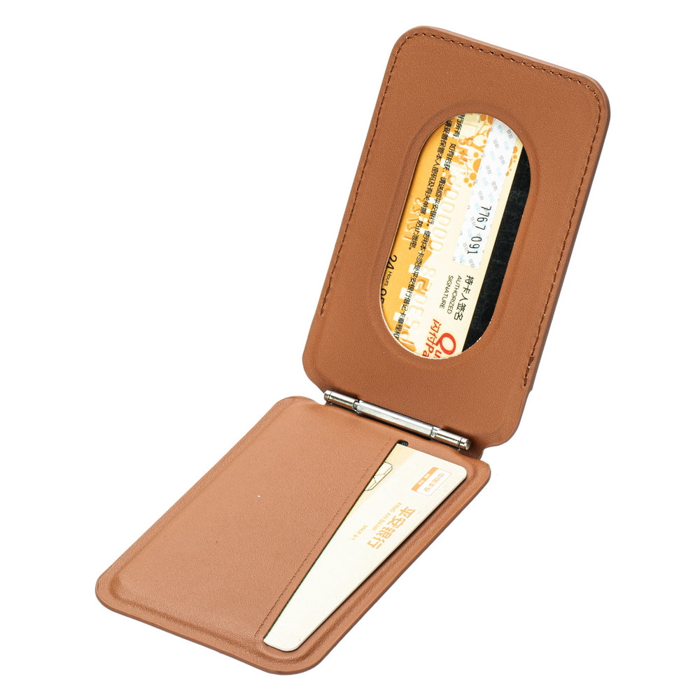 For iPhone 12-15 Series Magnetic PU Leather Card Bag Kickstand Phone Back Card Holder - Brown