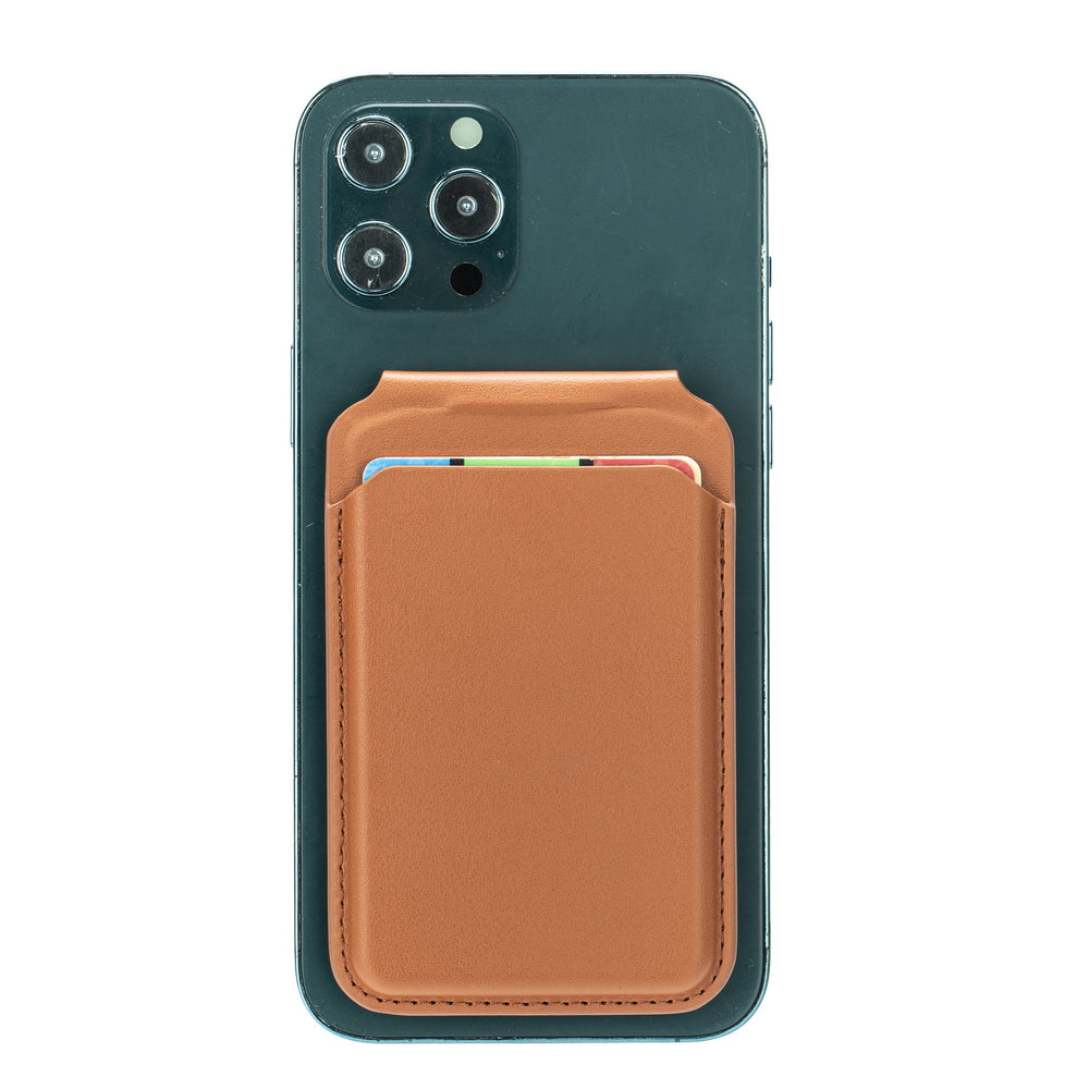 For iPhone 12-15 Series Magnetic PU Leather Card Bag Kickstand Phone Back Card Holder - Brown
