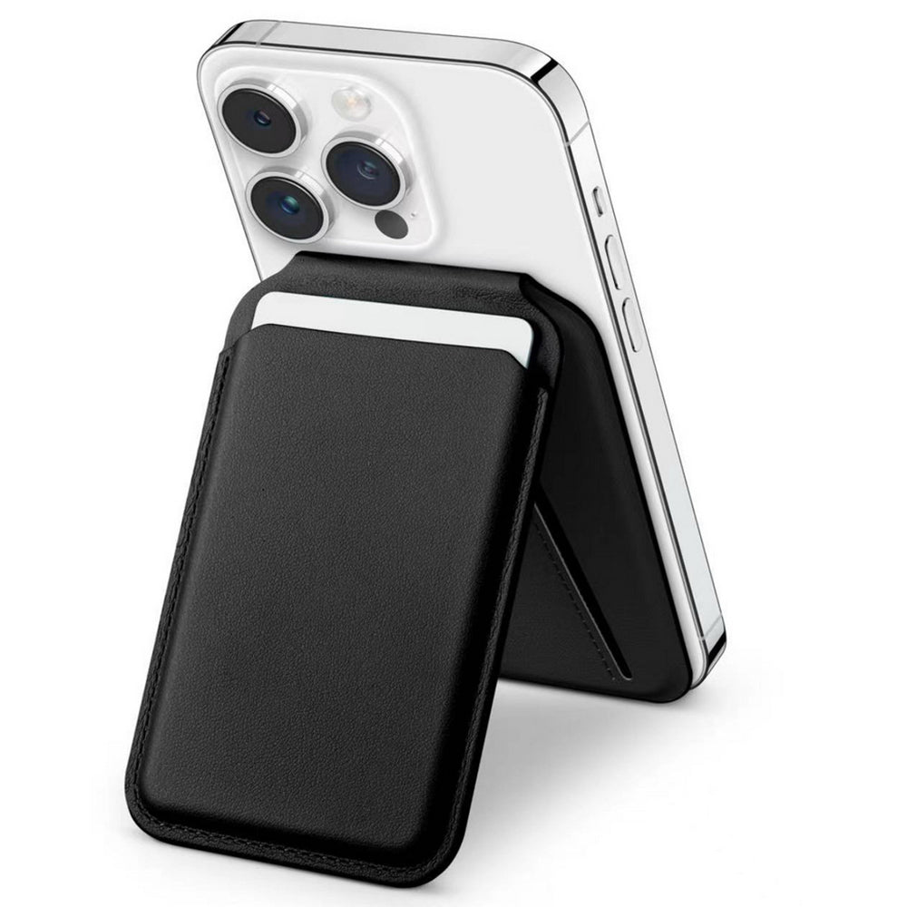 For iPhone 12-15 Series Magnetic PU Leather Card Bag Kickstand Phone Back Card Holder - Brown