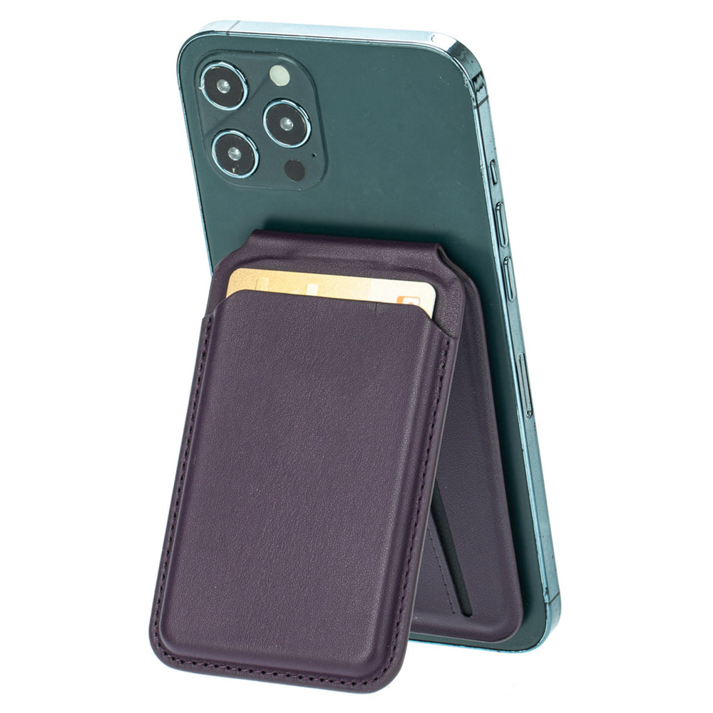 For iPhone 12-15 Series Magnetic PU Leather Card Bag Kickstand Phone Back Card Holder - Brown