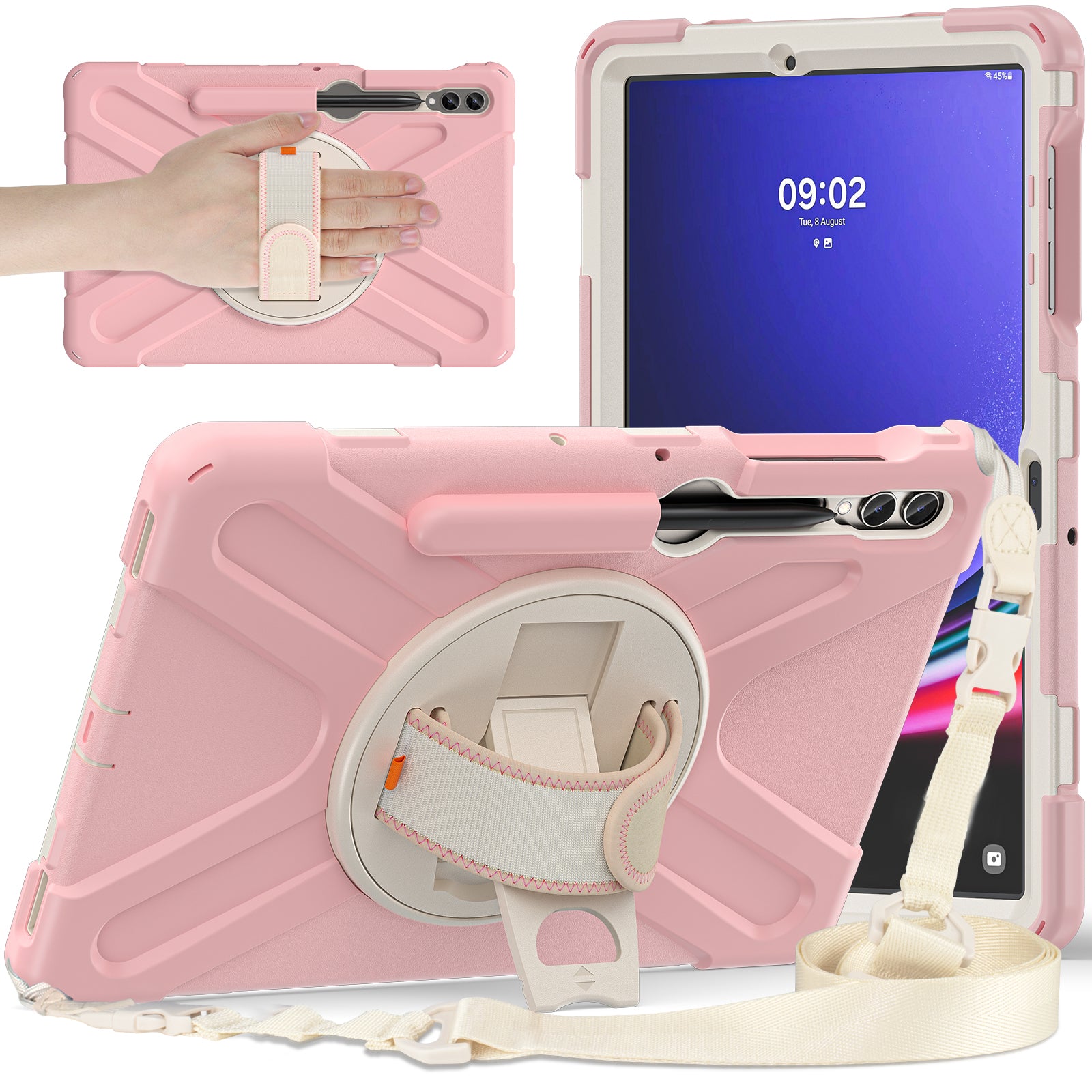 Case for Samsung Galaxy Tab S9 FE+ / S9+ / S8+ / S7+ / S7 FE T730 T735 T736B T736N Tablet Cover with Shoulder Strap - Rose