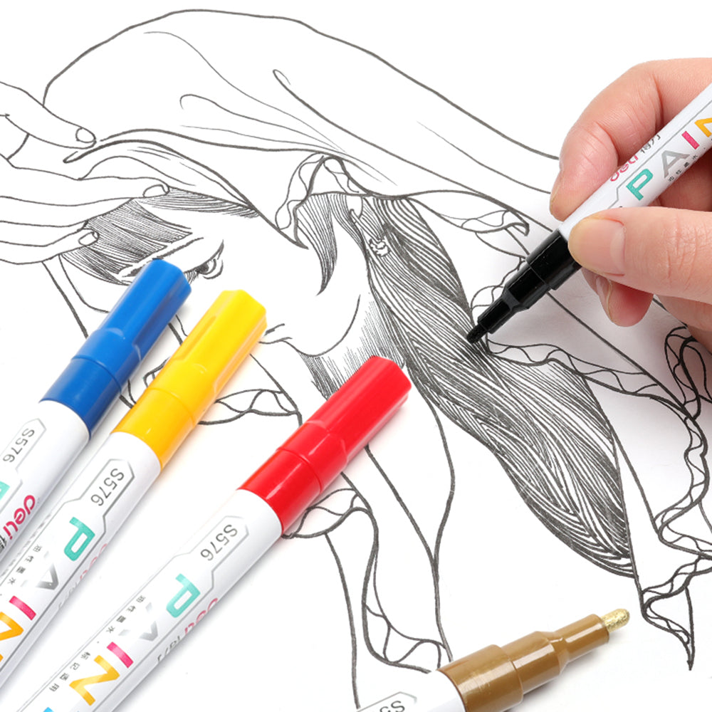 DELI S576 12Pcs/Pack Paint Pens for Artistic Drawing, DIY Crafting, Coloring, Note-Taking Marker Pen - Black