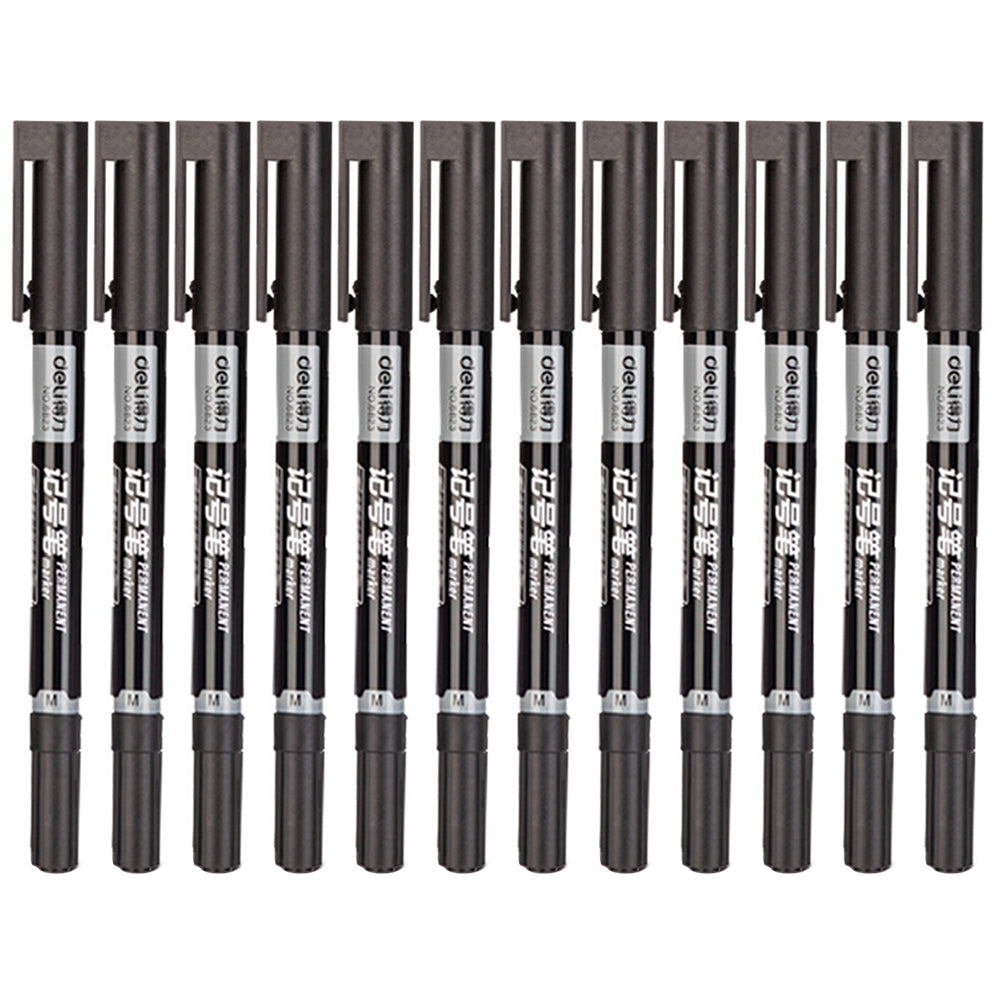 DELI 6823 12-Pack Dual-Tip Marker Pens 0.5mm/1.2mm Fine/Broad Tips Drawing Pens - Black