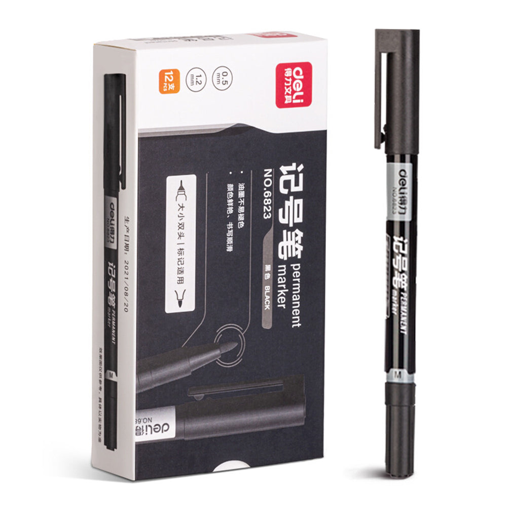 DELI 6823 12-Pack Dual-Tip Marker Pens 0.5mm/1.2mm Fine/Broad Tips Drawing Pens - Black