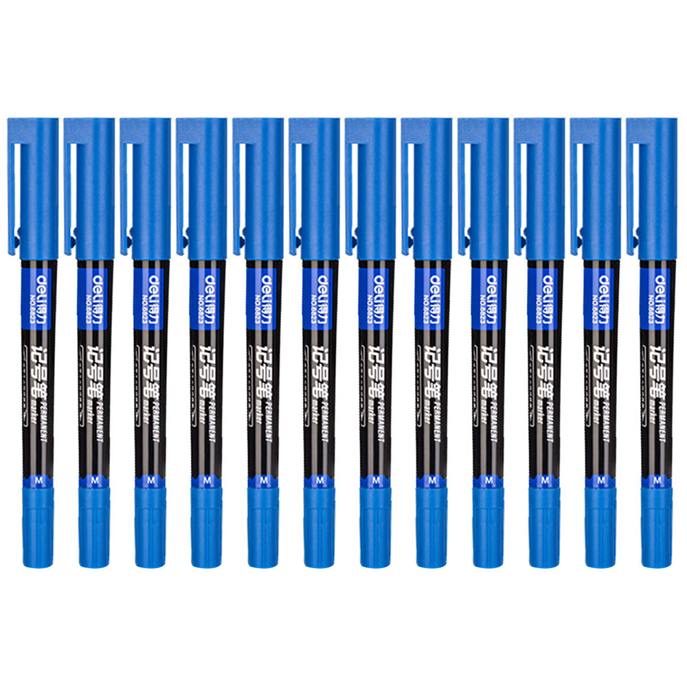 DELI 6823 12-Pack Dual-Tip Marker Pens 0.5mm/1.2mm Fine/Broad Tips Drawing Pens - Black