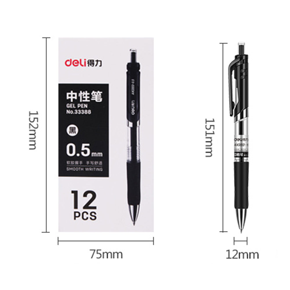 DELI 33388 12Pcs 0.5mm Press Retractable Gel Pen Office School Supplies - Black
