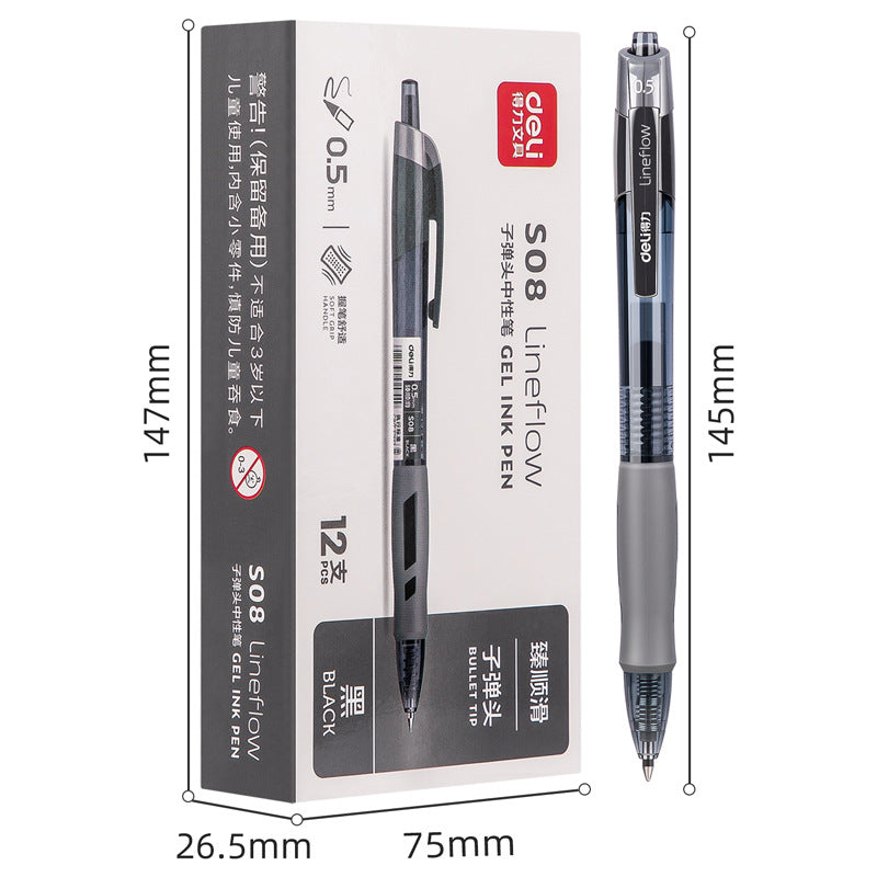 DELI S08 12Pcs Gel Pens Smooth Writing 0.5mm Bullet Tip Student Pen - Black