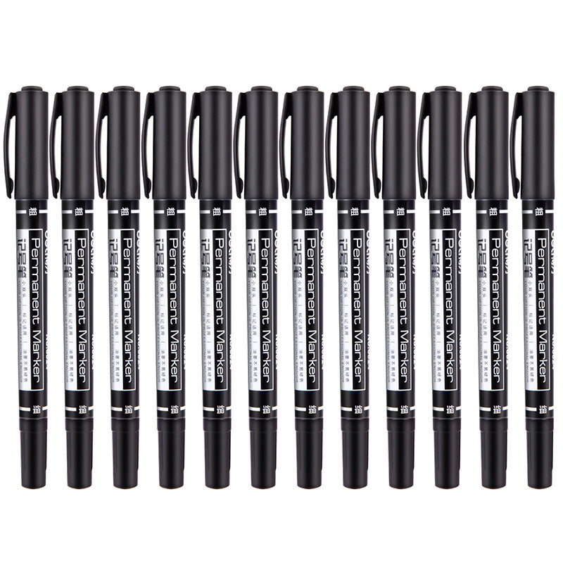 DELI 6824 12-Pack Dual-Tip Marker Pens 0.5mm/1.2mm Tips Oil-Based Pens for Artistic Outlining, CD Marking - Black