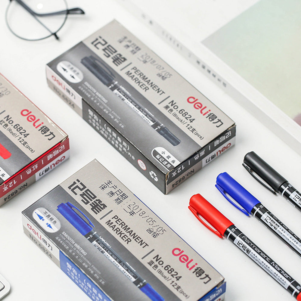 DELI 6824 12-Pack Dual-Tip Marker Pens 0.5mm/1.2mm Tips Oil-Based Pens for Artistic Outlining, CD Marking - Black
