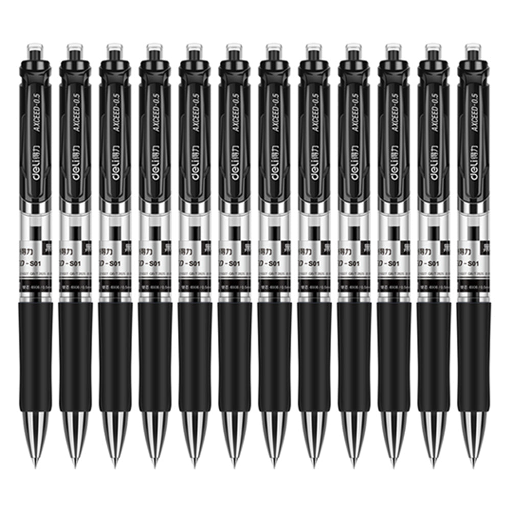 DELI S01 12Pcs Gel Pens Press Type Retractable Smooth Writing 0.5mm Gel Pen - Black
