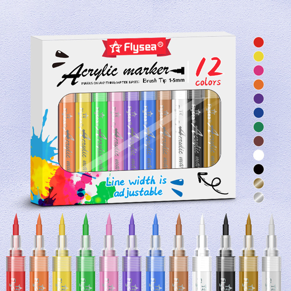FLYSEA FS-3601 12Pcs / Box Acrylic Paint Marker Pens Soft Fine Tip Nail Art Pens for DIY Crafts