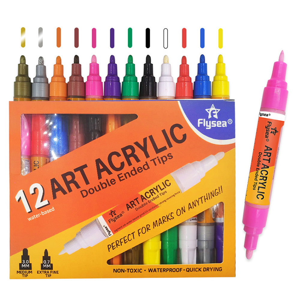 FLYSEA FS-973 12Pcs/Box Acrylic Markers Paint Pens 3.0mm 0.7mm Dual Tips Water-Based Color Pens - Orange Packing