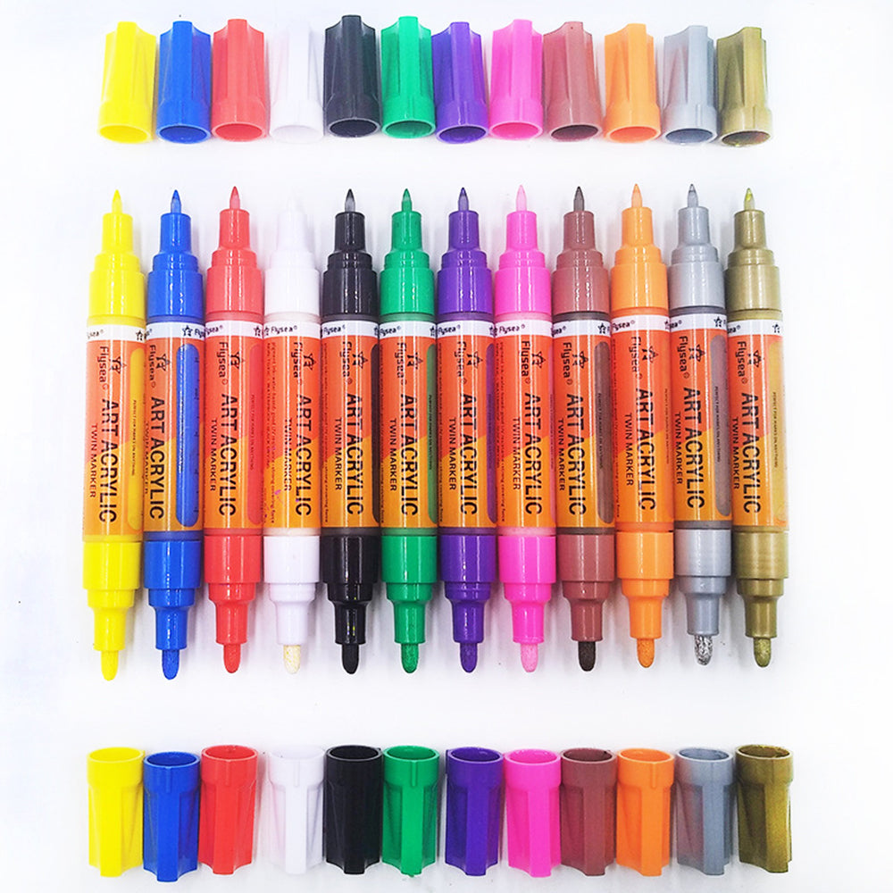 FLYSEA FS-973 12Pcs/Box Acrylic Markers Paint Pens 3.0mm 0.7mm Dual Tips Water-Based Color Pens - Orange Packing
