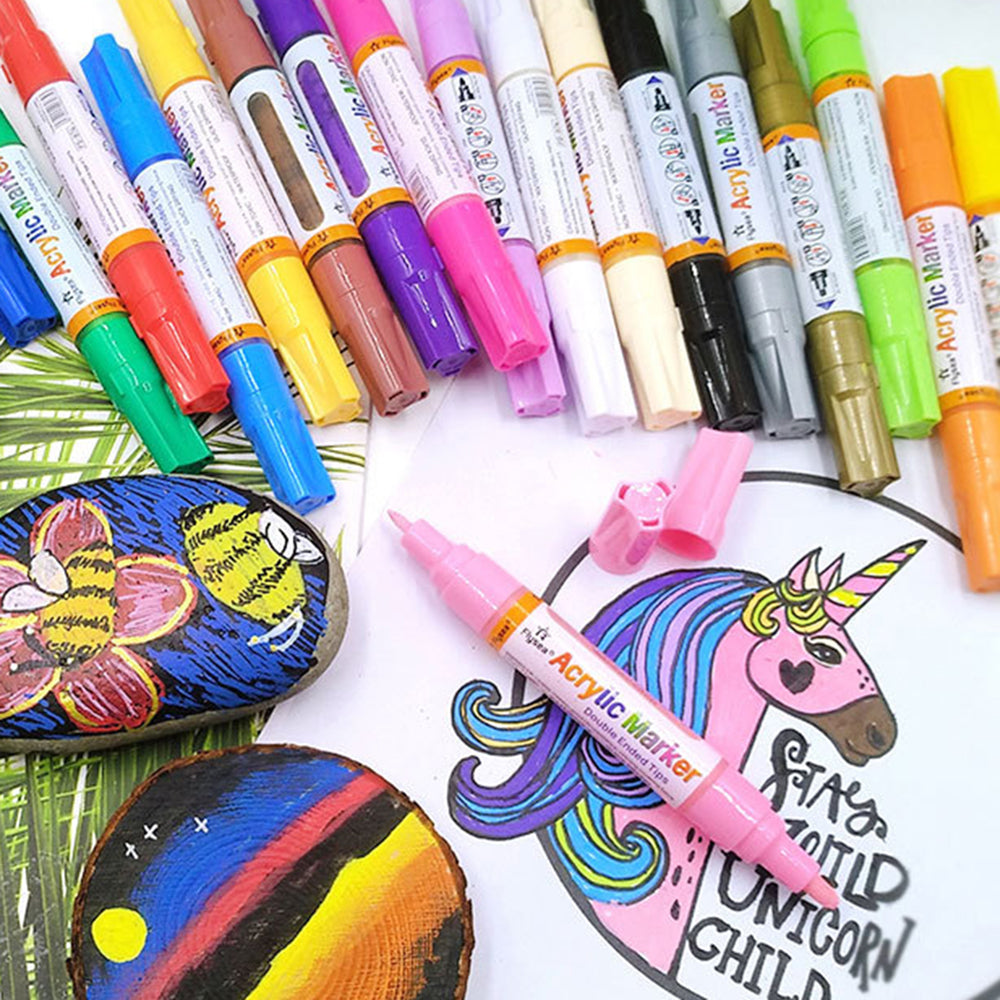 FLYSEA FS-973 12Pcs/Box Acrylic Markers Paint Pens 3.0mm 0.7mm Dual Tips Water-Based Color Pens - Orange Packing