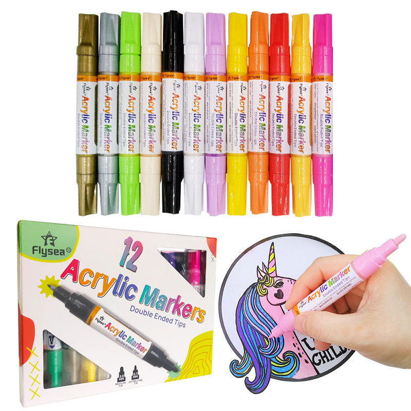 FLYSEA FS-973 12Pcs/Box Acrylic Markers Paint Pens 3.0mm 0.7mm Dual Tips Water-Based Color Pens - Orange Packing
