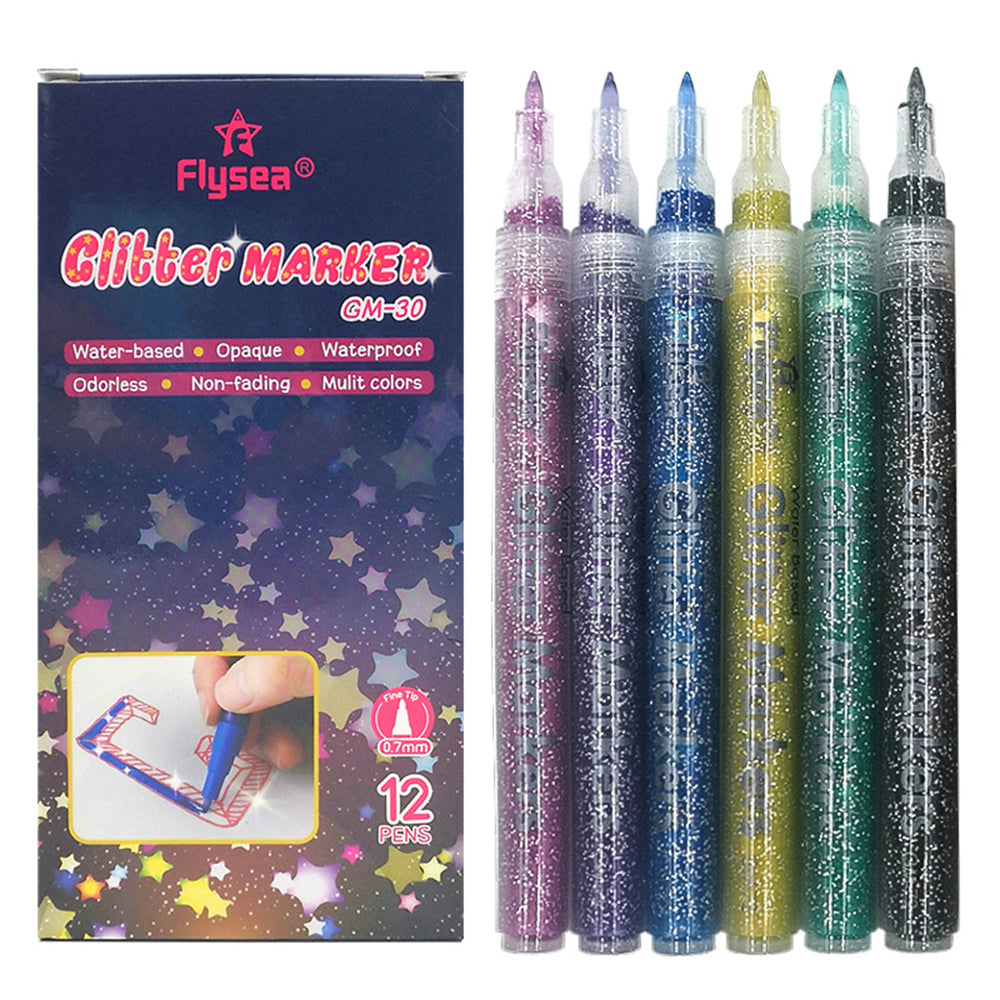 FLYSEA GM-30 12Pcs / Box Sparkling Glitter Markers Water-Based Acrylic Paint Pens Set DIY Craft