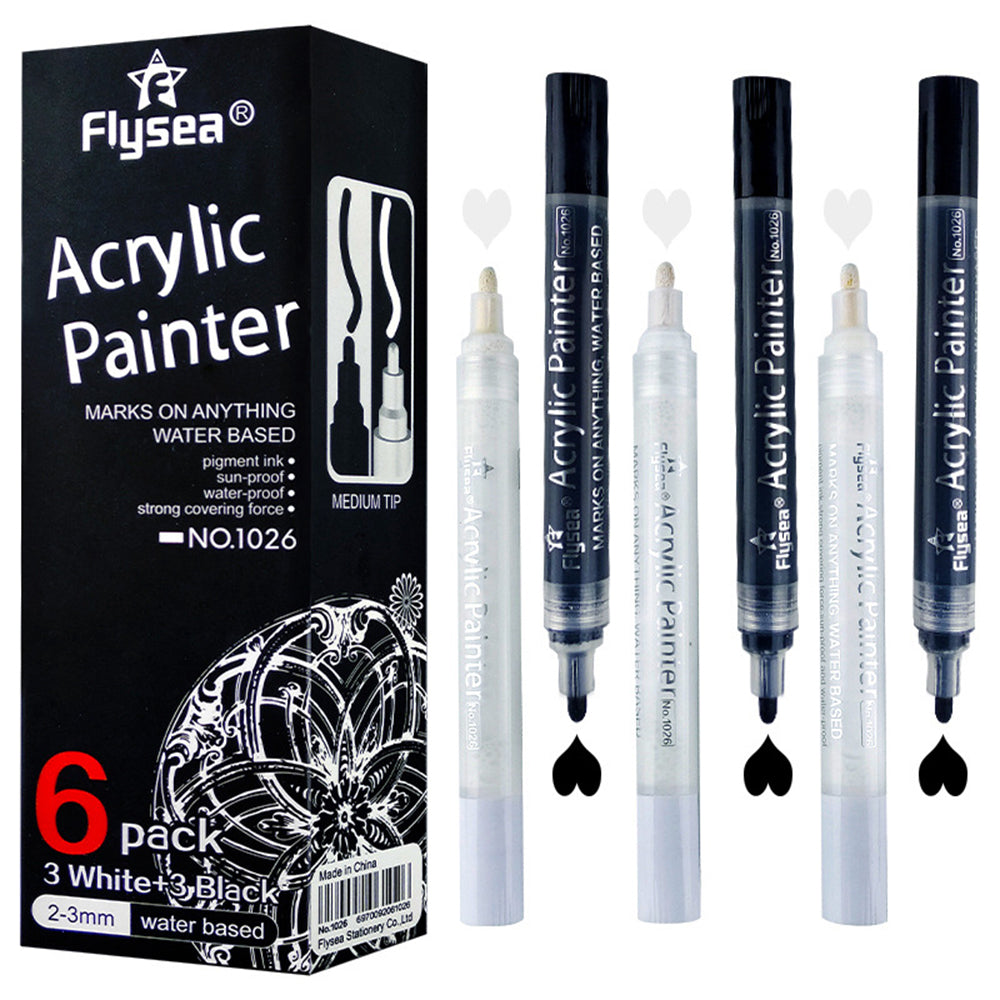FLYSEA 1026 6Pcs / Box Black White Acrylic Paint Pens Ceramic Painting Markers (3Pcs Black + 3Pcs White)