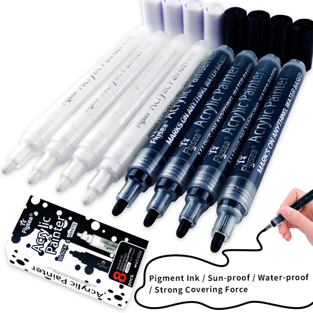FLYSEA 1026 6Pcs / Box Black White Acrylic Paint Pens Ceramic Painting Markers (3Pcs Black + 3Pcs White)