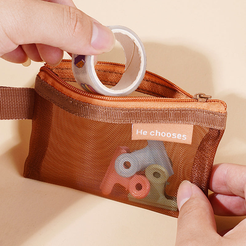HE CHOOSES D013 Nylon Coin Purse Square Mesh Storage Bag Mini Zipper Pouch - Caramel Brown