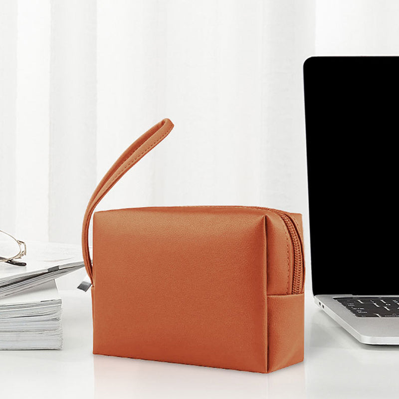 PU Leather Storage Bag Electronic Accessory Organizer with Hand Strap - Brown