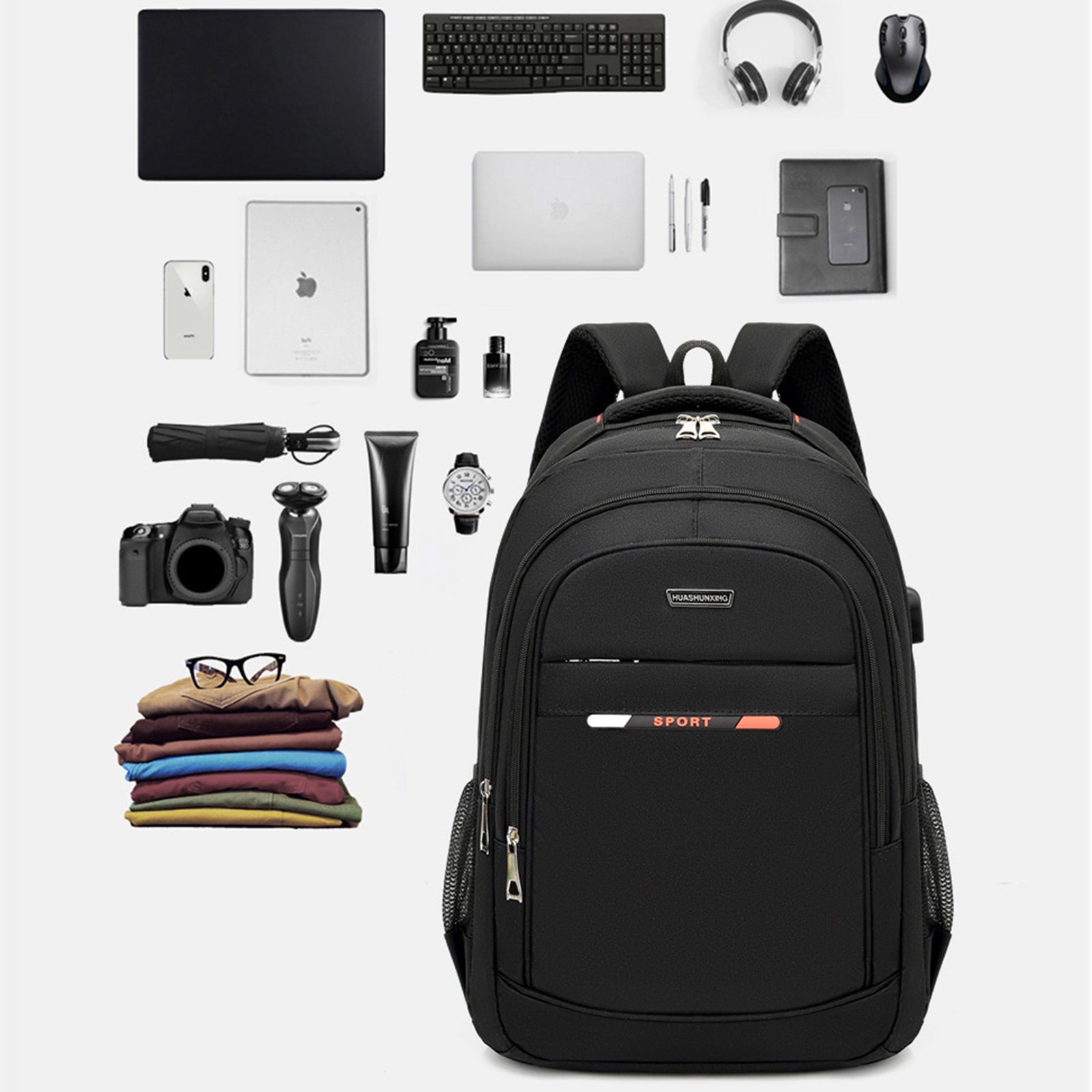ZWX-6010 Size S Oxford Cloth Travel Backpack Dual Shoulder Laptop Bag with USB Port - Red