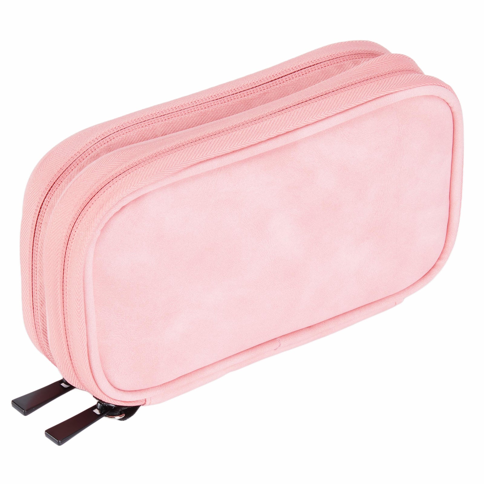 2-Layer Data Cable Storage Bag PU Leather Digital Accessories Organizer Pouch - Pink