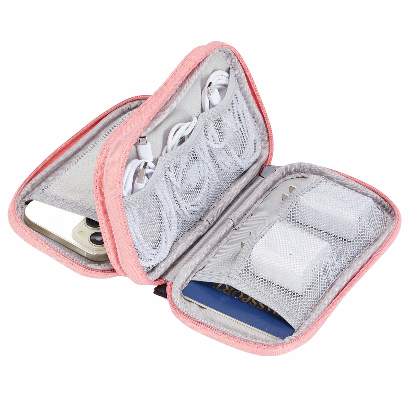 2-Layer Data Cable Storage Bag PU Leather Digital Accessories Organizer Pouch - Pink