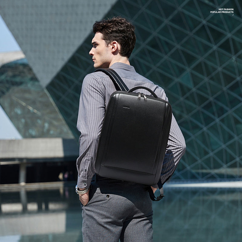 BOPAI Genuine Cow Leather Laptop Backpack 15.6 inch Business Travel Rucksack with Charging Port