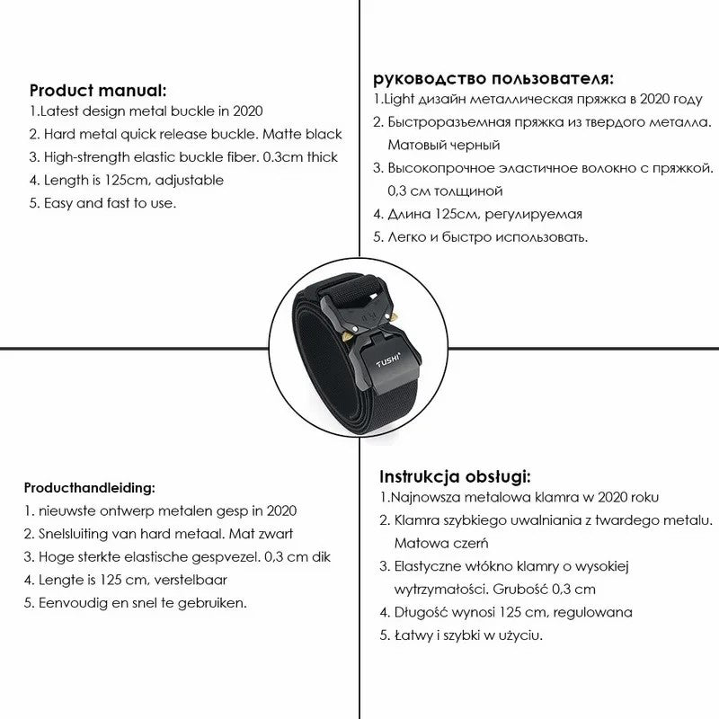 TUSHI 3.8cm Men Tactical Belt Military Nylon Waistband with Aluminum Alloy Quick Release Buckle - Black