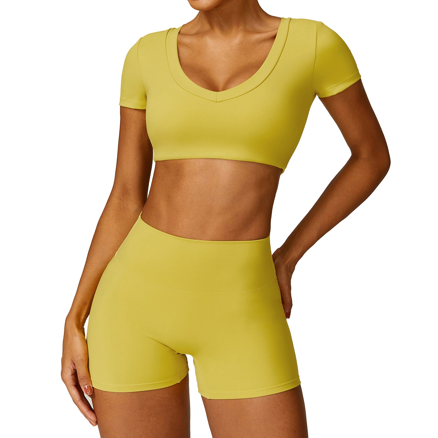 8552 Women Yoga Outfits Set Short Sleeve Crop Top and Workout Shorts